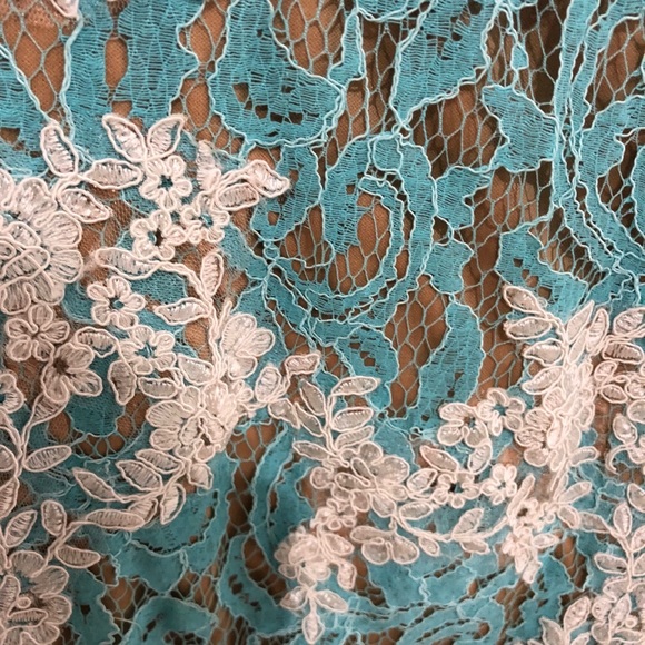 Jovani Evening Gown Turquoise/White w/ Nude Under - Picture 5 of 8